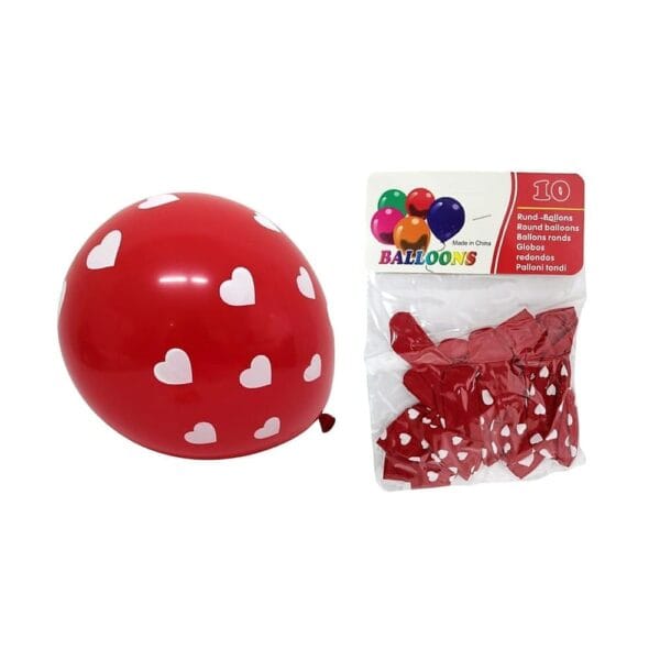 Czerwone balony lateksowe z motywem serca 10 szt (30 cm) - napompowany balon z nadrukiem serduszek obok fabrycznie zapakowanego zestawu.