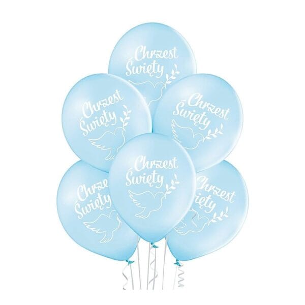 Balony Lateksowe Niebieskie z Białym Nadrukiem na Chrzest 30 cm, 6 szt Buket sześciu niebieskich balonów lateksowych z białym nadrukiem na chrzest o średnicy 30 cm.