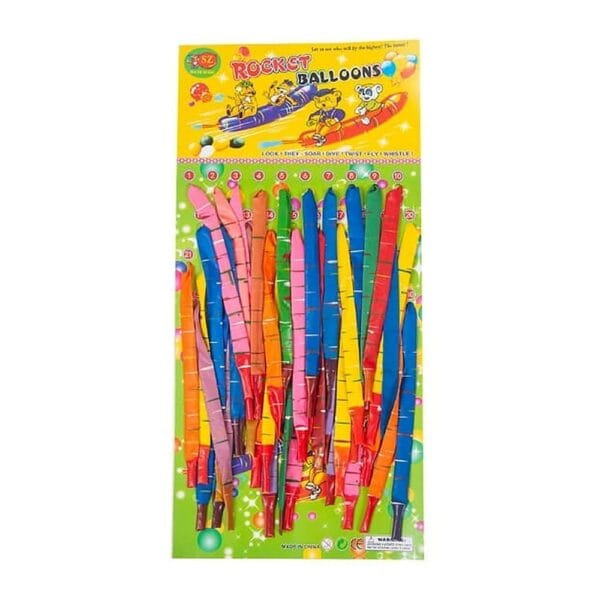 Balony Rakiety Latające w Paski MIX 40 szt 20 cm Zestaw kolorowych balonów rakiet w paski o średnicy 20 cm, zapakowanych na oryginalnym kartoniku.