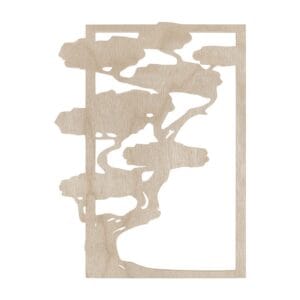 Drewniana baza prostokątna pod mech chrobotek 22,5x30 cm ze sklejki z ażurowym motywem bonsai wychodzącym poza ramę.
