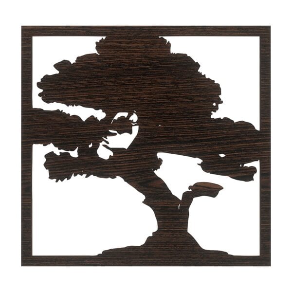 Kwadratowa baza pod mech chrobotek z motywem bonsai wykonana z brązowego HDF w kolorze wenge.