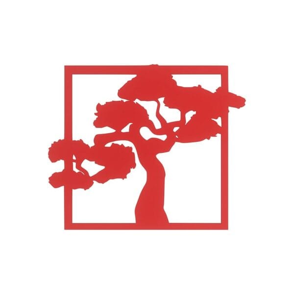 Czerwona baza pod mech HDF w kształcie kwadratu 34 x 29 cm z motywem bonsai wyciętym laserem.