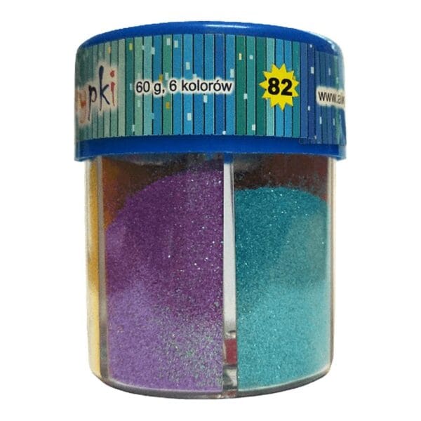 Brokat Sypki Kolorowy DIY Zestaw 6 Słoiczków Solniczek 60 g Przezroczysty, podzielony na komory słoiczek z kolorowym brokatem sypkim o wadze 60 g z zestawu do DIY.