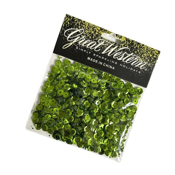 Fabryczne opakowanie cekinów pistacjowych 6 mm marki Great Western z widoczną etykietą i 14 g dekoracyjnych koralików do rękodzieła.