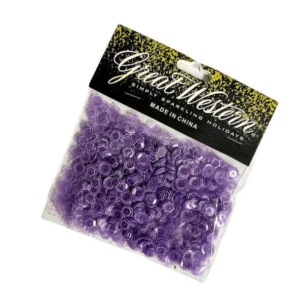 Cekiny Transparentne Fioletowe 6 mm Opakowanie 14 g do Rękodzieła Opakowanie z czarną etykietą Great Western wypełnione fioletowymi, transparentnymi cekinami o średnicy 6 mm do rękodzieła.