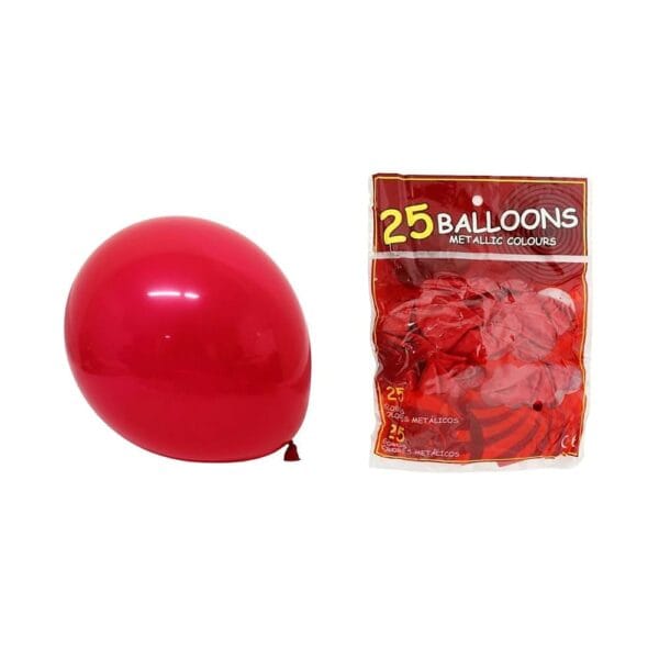 Czerwone balony lateksowe 30 cm w zestawie 25 sztuk pokazane z zapakowaną fabrycznie foliową torebką.