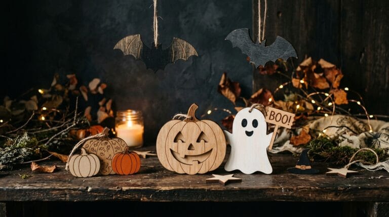 Drewniane dekoracje na Halloween - dynie, nietoperze, duszki