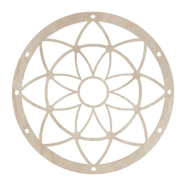 Drewniana Baza do Łapacza Snów Mandala Kwiatowa 18 cm Laserowo Cięta Sklejka Drewniana baza do łapacza snów mandala kwiatowa o średnicy 18 cm, wykonana metodą cięcia laserowego ze sklejki.
