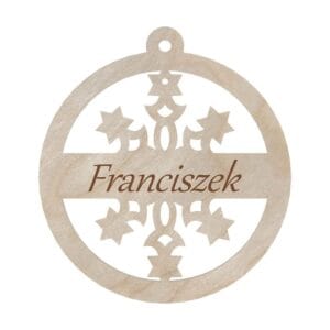 Drewniana bombka śnieżynka z grawerowanym imieniem Franciszek i motywem gwiazdek, o średnicy 10 cm.