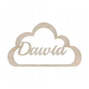 Drewniana chmurka z imieniem Dawid wykonana ze sklejki o wymiarach 30 x 17,9 cm jako personalizowana ozdoba.