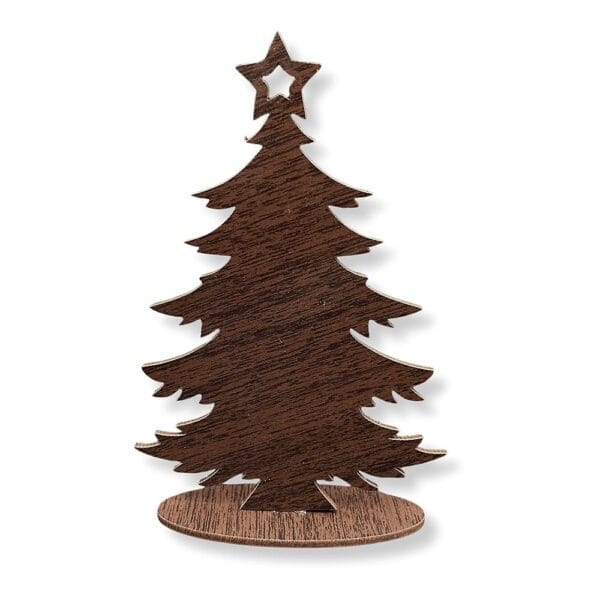 Drewniana Choinka Wenge z Gwiazdą DIY Cięta Laserowo, 16 cm Drewniana choinka Wenge z gwiazdą DIY cięta laserowo o wysokości 16 cm stoi na owalnej podstawie.