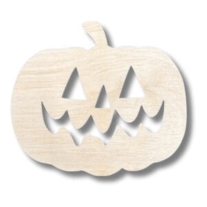 Drewniana dynia DIY cięta laserowo ze sklejki o wymiarach 8 cm z wyciętą halloweenową twarzą.
