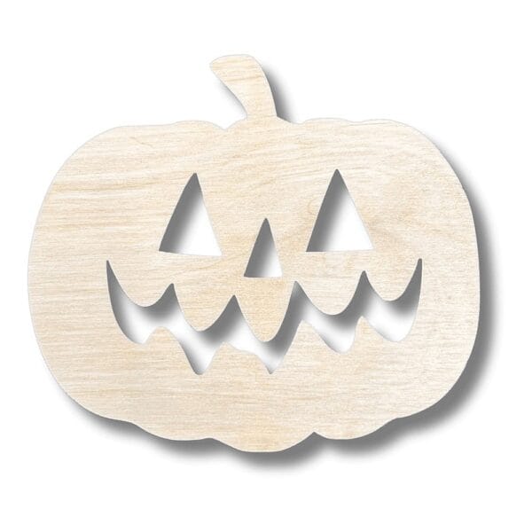 Drewniana dynia DIY cięta laserowo ze sklejki o wymiarach 8 cm z wyciętą halloweenową twarzą.