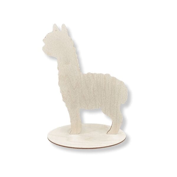 Drewniana figurka alpaka z podstawką DIY 10 cm ze sklejki stojąca na okrągłej podstawie.