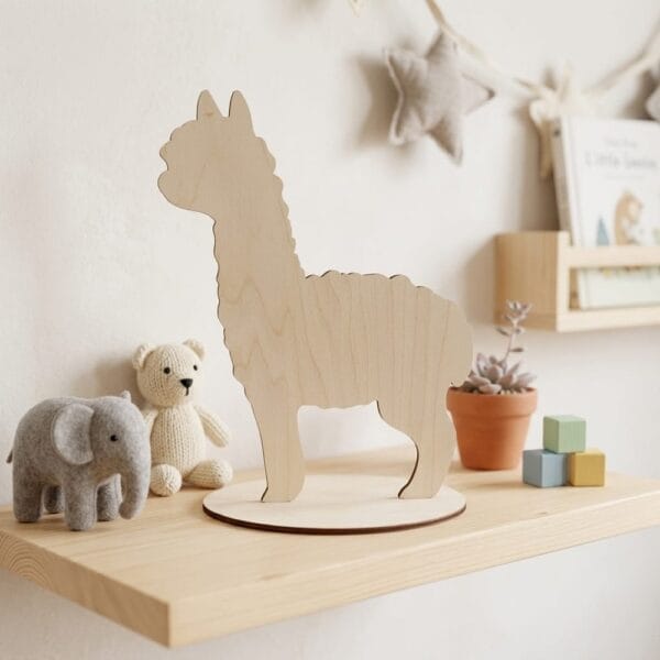 Drewniana figurka alpaka z podstawką DIY 10 cm na półce w pokoju dziecięcym w otoczeniu zabawek i dekoracji.