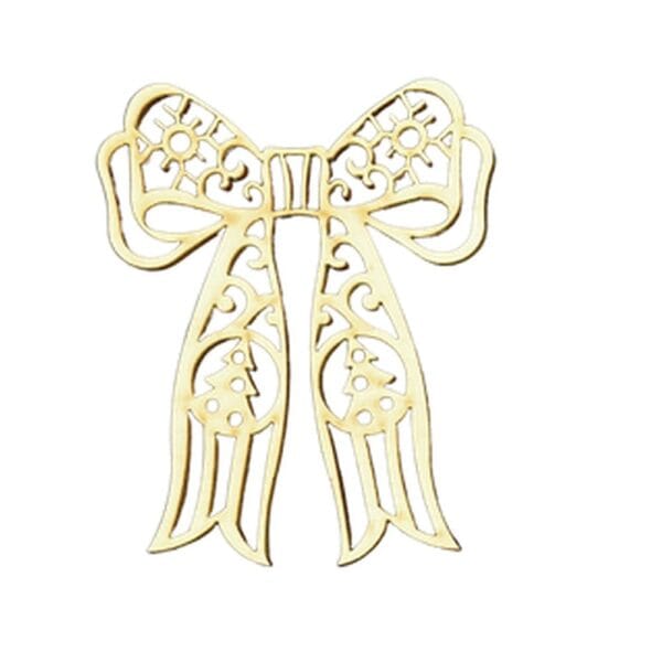 Drewniana Kokarda DIY Laserowo Cięta 8,2 x 9,6 cm z precyzyjnie wyciętymi wzorami choinek i ażurowymi detalami.