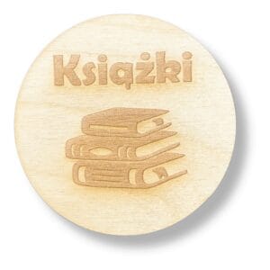 Okrągła drewniana tabliczka z grawerem "Książki" i rysunkiem stosu książek, przeznaczona do dekoracji DIY.