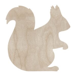 Drewniana wiewiórka ozdoba DIY laserowo cięta ze sklejki o wymiarach 9,7 x 10 cm na białym tle.