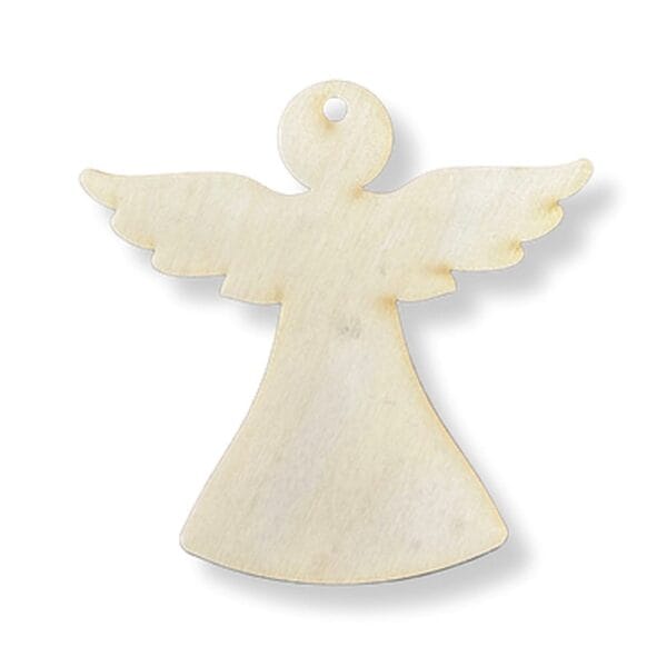 Drewniana zawieszka anioł 8,8 x 9 cm wycięta laserowo ze sklejki z otworem do zawieszania.