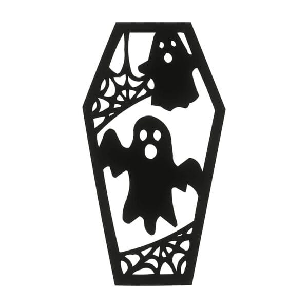 Drewniana Zawieszka Halloween Czarna Trumna Duchy 7,5 x 14 cm Ozdoba Decoupage Czarna drewniana zawieszka Halloween w kształcie trumny z motywem duchów i pajęczyn o wymiarach 7,5 x 14 cm.