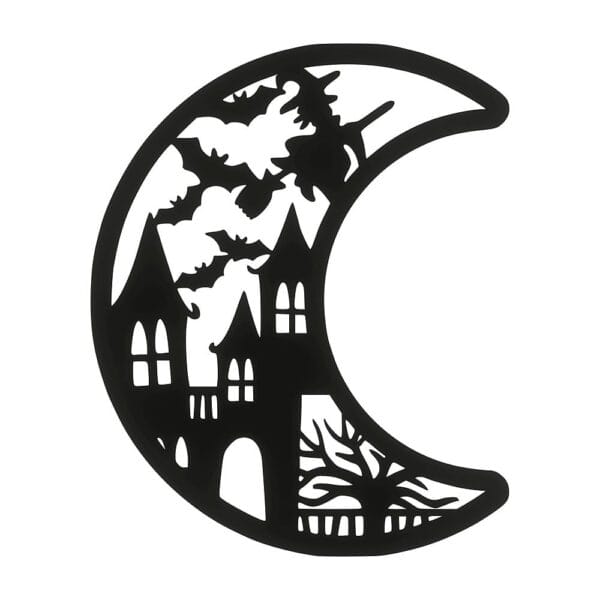 Drewniana Zawieszka Halloweenowa Czarny Księżyc Miasto Wiedźm HDF Cięty Laserowo 13 x 14,5 cm Czarna, cięta laserowo drewniana zawieszka Halloween z księżycem, wiedźmą i miastem (13x14,5 cm).
