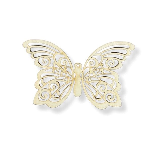 Drewniana zawieszka motyl ze sklejki laser 10 x 6 cm z precyzyjnie wyciętymi ażurowymi wzorami i otworem u góry.