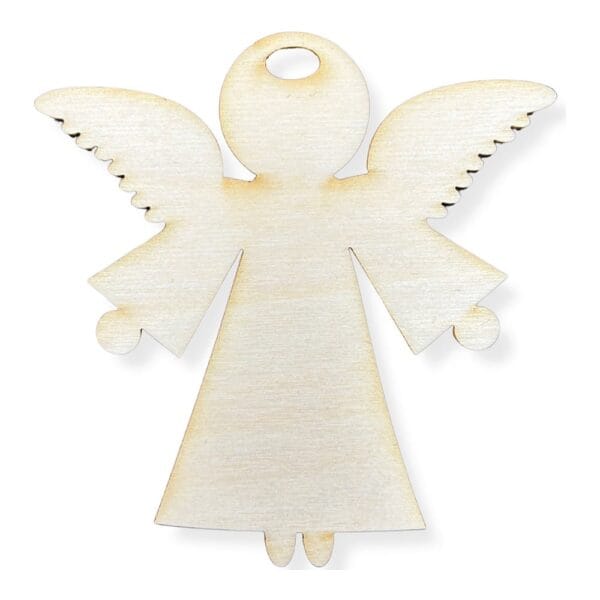 Drewniana zawieszka w kształcie anioła ze sklejki o wymiarach 9,5 x 10 cm, wykonana metodą cięcia laserowego.