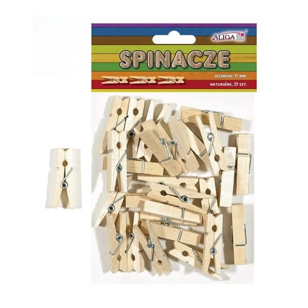 Drewniane Klamerki Mini Spinacze Dekoracyjne 35 mm Zestaw 25 szt Zestaw 25 sztuk naturalnych drewnianych klamerek mini spinaczy dekoracyjnych o rozmiarze 35 mm w opakowaniu.