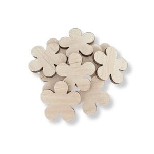 Drewniane Kwiatuszki DIY 10 szt 3 cm Dekoracje Wiosenne ze Sklejki Zestaw 10 drewnianych kwiatuszków DIY ze sklejki o rozmiarze 3 cm ułożonych w luźną kompozycję na białym tle.