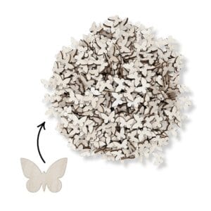 Zestaw 500 sztuk drewnianych motylków do rękodzieła o wymiarach 2,1 x 1,5 cm i grubości 3 mm.