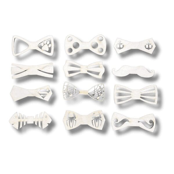 Drewniane Muchy do Decoupage i Rękodzieła Zestaw 12 szt Sklejka 3 mm Zestaw 12 drewnianych much z jasnej sklejki 3 mm prezentuje różne ażurowe wzory i kształty cięte laserowo.
