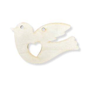 Drewniane Ptaszki ze Sklejki Laserowo Cięte 8,6 x 5 cm 1 szt Drewniane ptaszki ze sklejki laserowo cięte 8,6 x 5 cm w kształcie gołąbka z wyciętym sercem i otworem do zawieszenia.