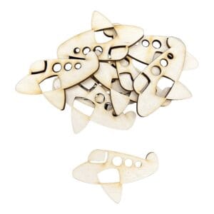 Drewniane Samoloty DIY Scrapki Eko Dekoracje 10 szt 8 x 5 cm Zestaw 10 drewnianych samolotów do DIY o wymiarach 8x5 cm, ułożonych w stos na białym tle, z osobną sztuką na dole.