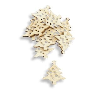Zestaw 10 sztuk drewnianych scrapek w kształcie choinki laserowo ciętych, o wymiarach 2x2 cm.