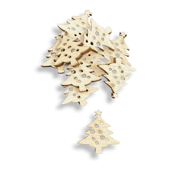 Zestaw 10 sztuk drewnianych scrapek w kształcie choinki laserowo ciętych, o wymiarach 2x2 cm.