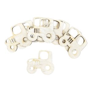 Drewniane Scrapki Traktor 8 x 7 cm 10 szt Dekoracje DIY Zestaw dziesięciu drewnianych scrapków w kształcie traktora o wymiarach 8x7 cm, ułożonych wachlarzowo na białym tle.