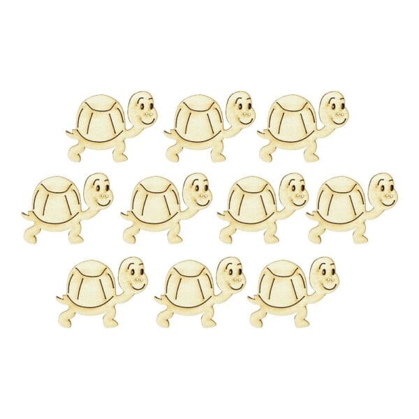 Drewniane Scrapki Żółwik 10 szt Laserowo Cięte Sklejka 5 x 4 cm Zestaw dziesięciu drewnianych scrapek żółwik o wymiarach 5x4 cm, wyciętych laserowo ze sklejki.