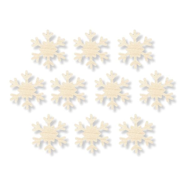 Zestaw 10 sztuk drewnianych śnieżynek ze sklejki o wymiarach 3 x 3 cm, przeznaczonych do dekoracji.