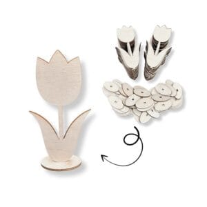Zestaw 50 sztuk drewnianych tulipanów DIY ze sklejki o wysokości 15,8 cm z podstawkami do samodzielnego montażu.