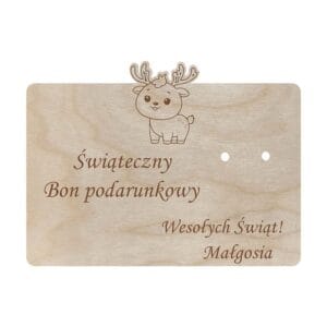 Drewniany bon podarunkowy z reniferem i grawerem „Świąteczny Bon podarunkowy” oraz dwoma otworami na banknoty.