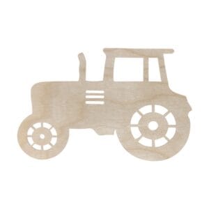Drewniany dekor ze sklejki traktor ciągnik wycięty laserem, przedstawiający maszynę rolniczą z kabiną i kołami.