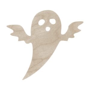 Drewniany duszek do rękodzieła Halloween ze sklejki o wymiarach 10 x 9 cm z wyciętymi otworami na oczy i usta.