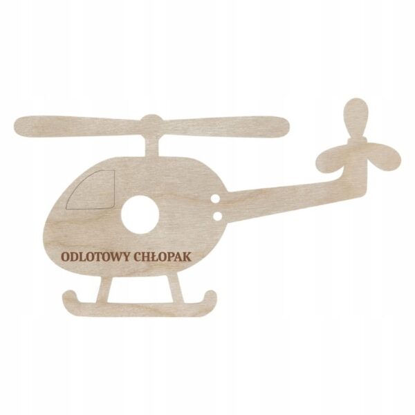 Drewniany helikopter na lizaka ze sklejki 3 mm z grawerem „Odlotowy chłopak”, zestaw z lizakami i chłopiec.