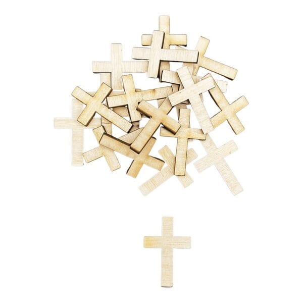 Zestaw 10 sztuk małych, drewnianych krzyży ze sklejki o wymiarach 2x3 cm, idealnych do scrapbookingu i rękodzieła.