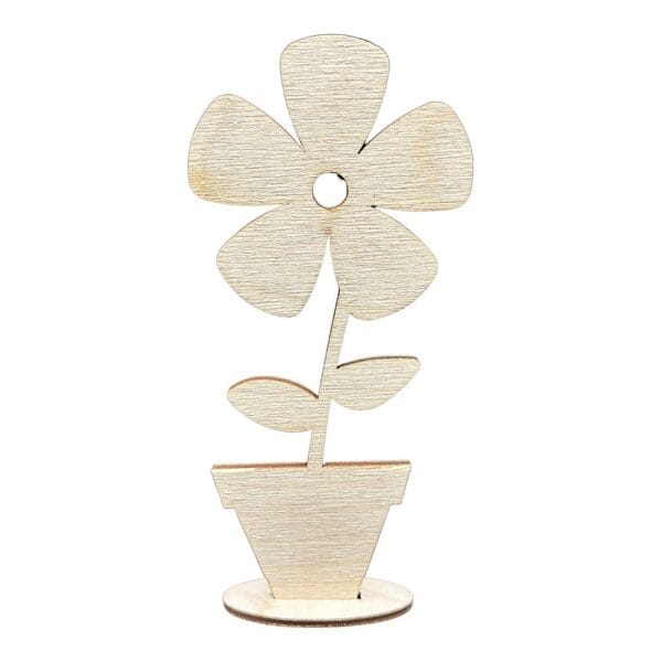 Drewniany Kwiatek w Doniczce 15 cm Dekoracja DIY ze Sklejki Drewniany kwiatek w doniczce 15 cm ze sklejki stojący na białym tle, przedstawiający bazę do dekoracji DIY.