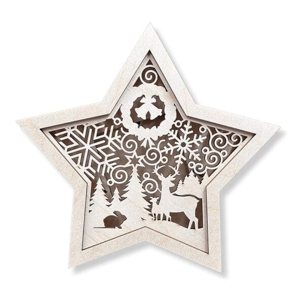 Drewniany Lampion Gwiazdka Leśne Zwierzęta DIY Ozdoba Świąteczna 3 mm Sklejka Drewniany lampion gwiazdka leśne zwierzęta DIY wykonany ze sklejki 3 mm z zimową scenerią.
