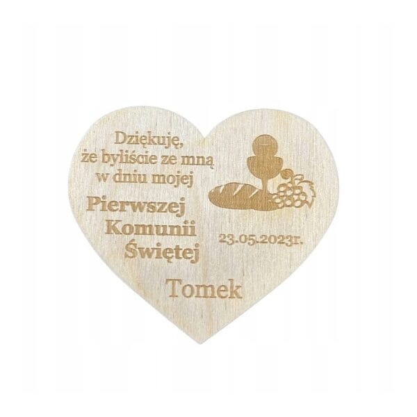 Drewniany magnes podziękowanie komunia kielich i chleb z personalizowanym grawerem imienia Tomek i daty 23.05.2023r.