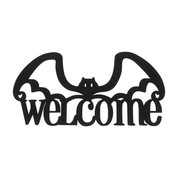 Drewniany Napis "WELCOME" Czarny z Nietoperzem Płyta HDF, 22 x 10,5 cm Czarny drewniany napis WELCOME z płyty HDF z motywem nietoperza na białym tle.