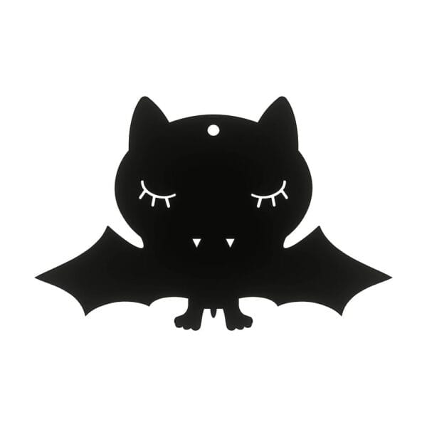 Czarna dekoracja Halloween z płyty HDF w kształcie śpiącego nietoperza o szerokości 15 cm.