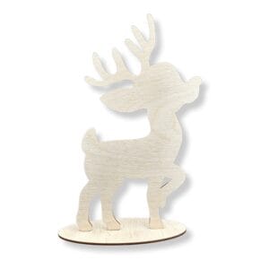 Stojący drewniany renifer Rudolf 25 cm wykonany z laserowo ciętej sklejki, umieszczony na owalnej podstawce.